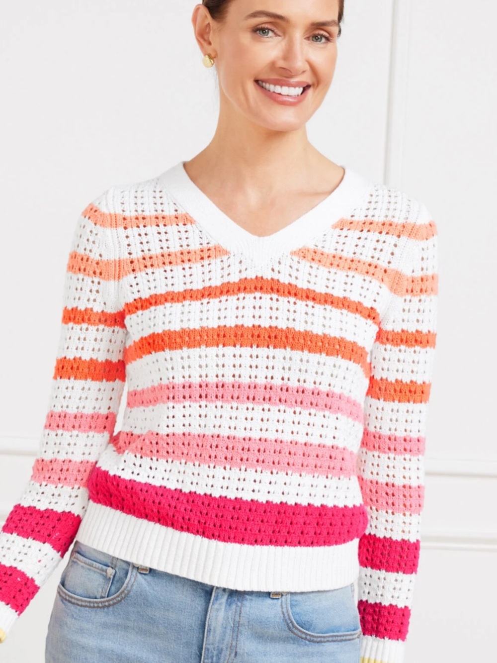 Talbots Open Stich V-Neck Pullover Multi Stripe MP